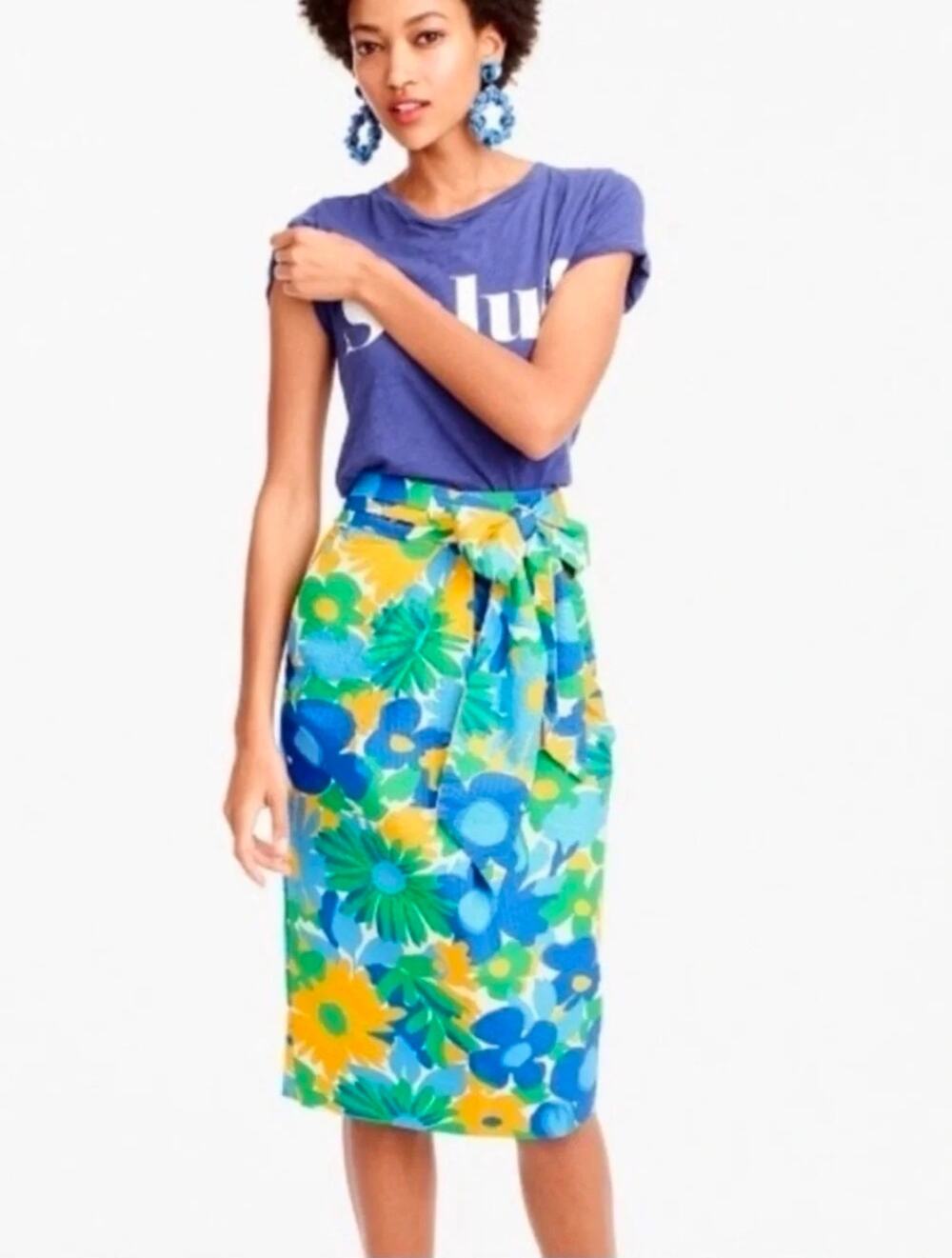 J. Crew Puckered Morning Floral Multi-Color Tie-Waist Midi Skirt Size 14